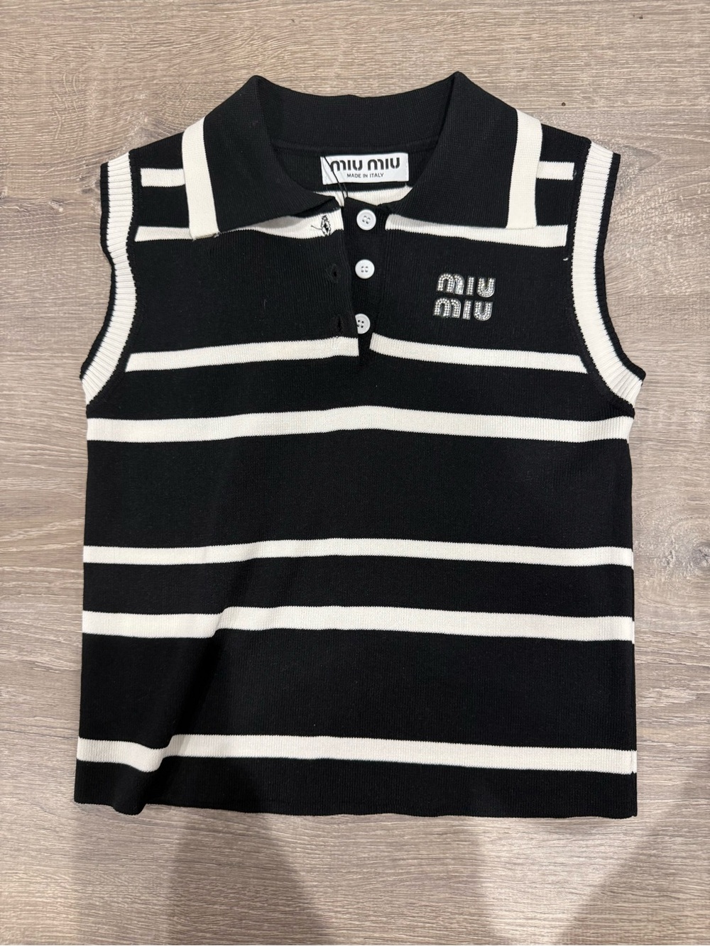 Miu Miu Black and White Striped Sleeveless Polo Top